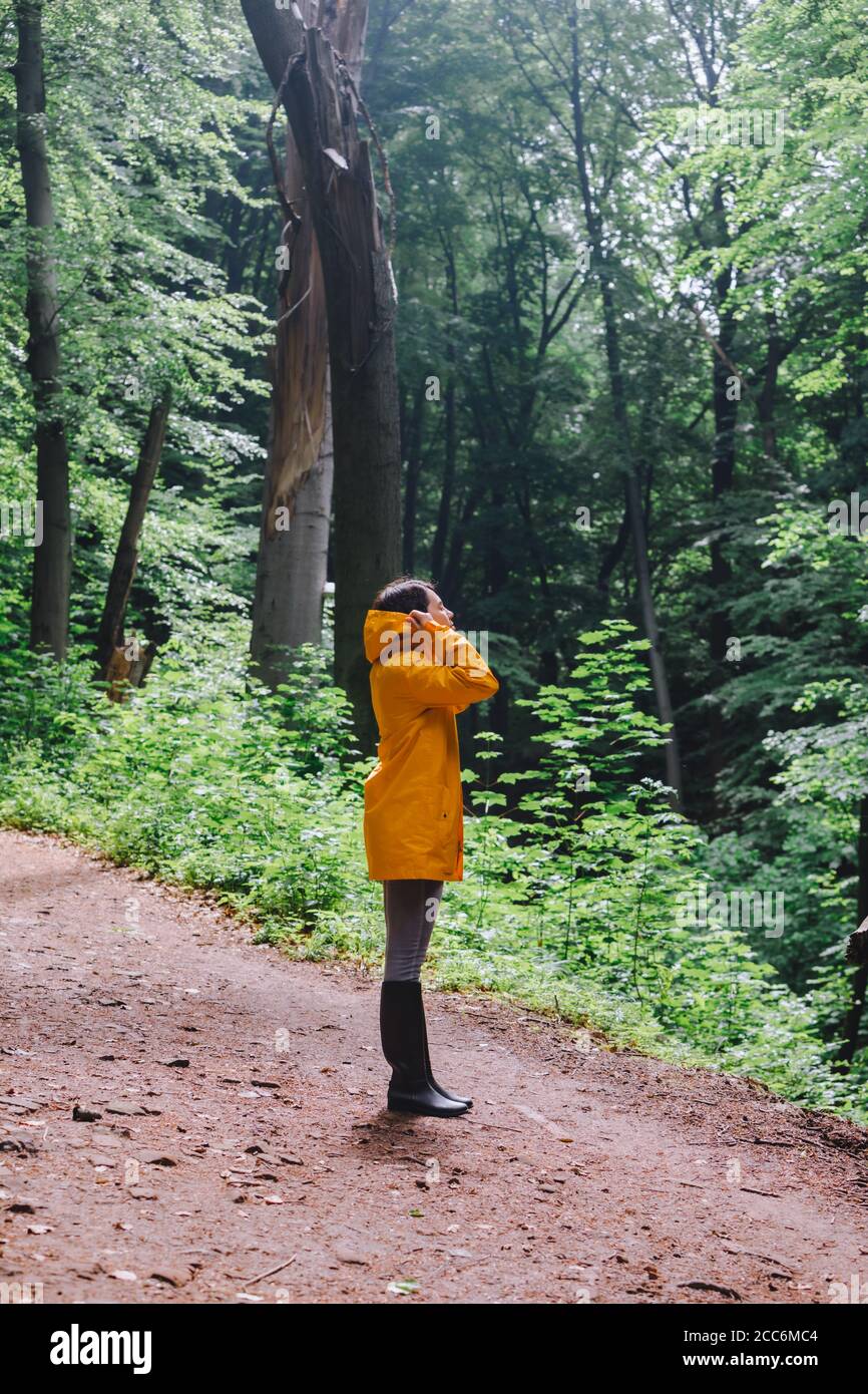 One woman in a forest rear view hi-res stock photography and images - Alamy