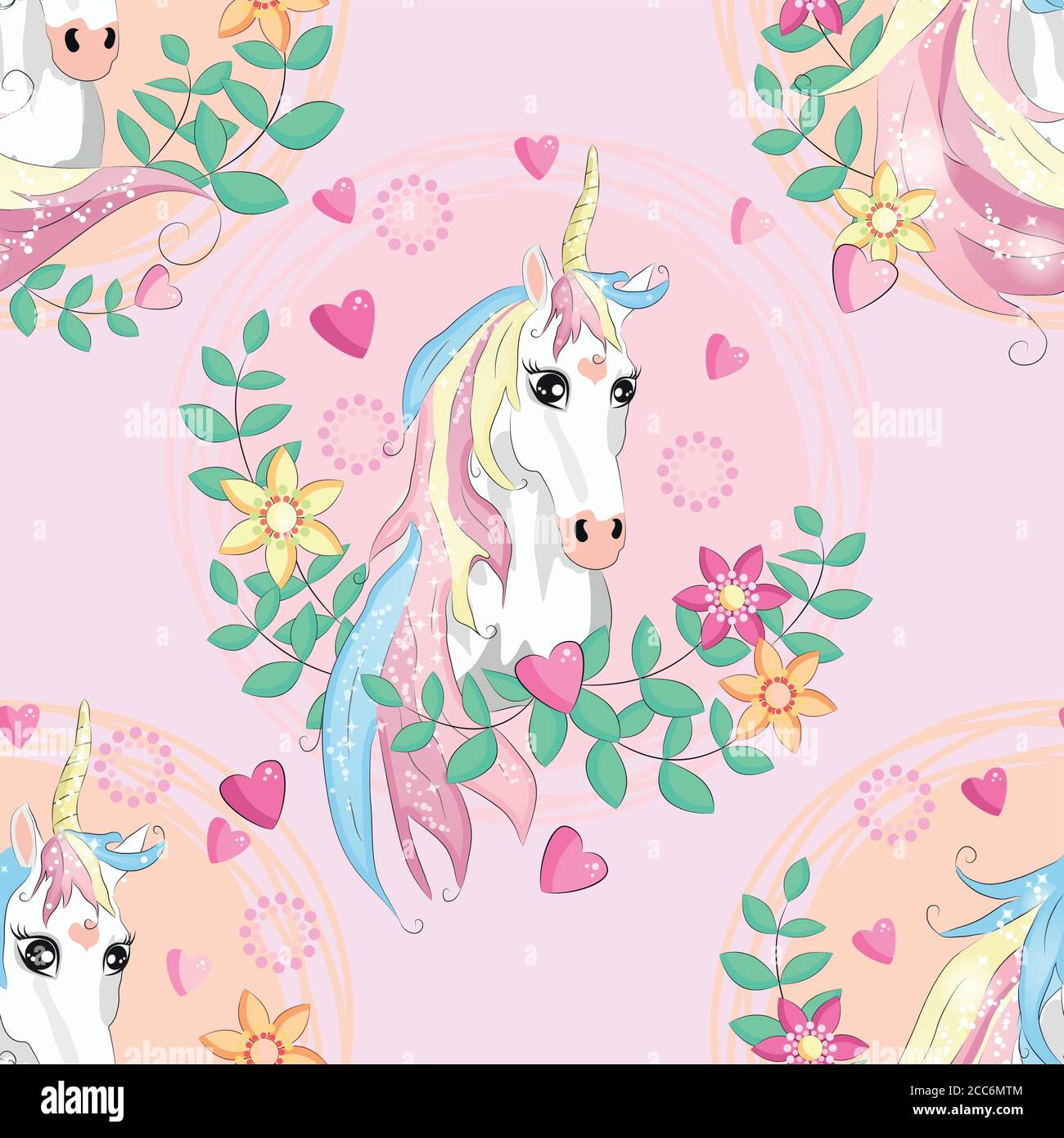 seamless pattern with cute unicorns, clouds,rainbow and stars. Magic ...