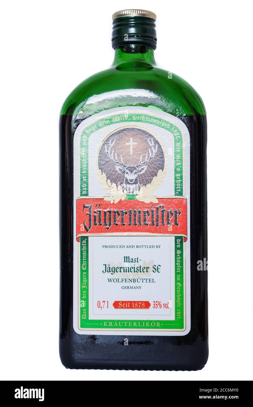 Zurich, Switzerland - May 16, 2015 - Bottle of Jagermeister alcohol in isolated white background, which is a german alcohol made with 56 herbs and spi Stock Photo