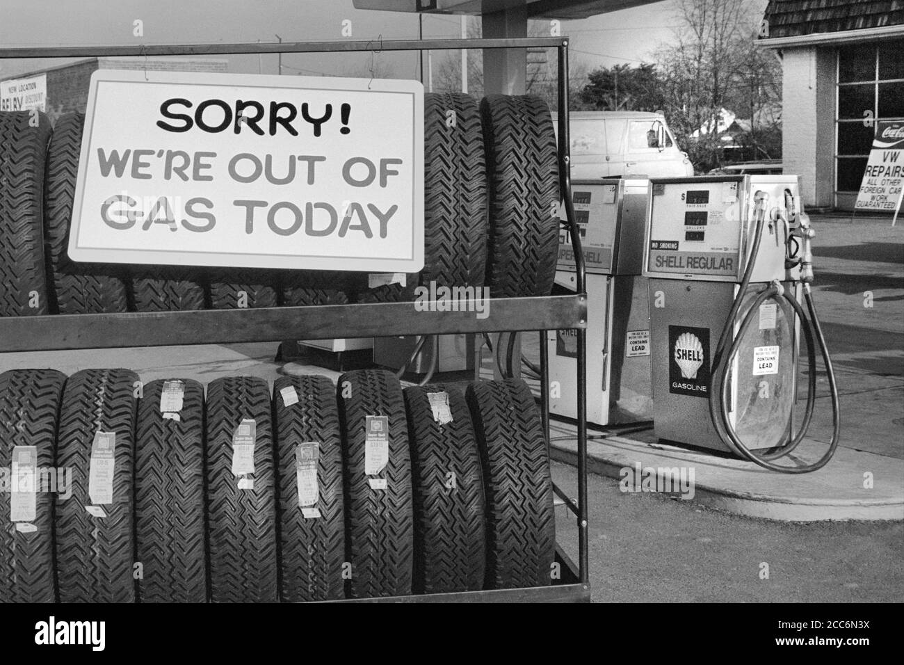 Gas Station with Sign 'Sorry! We're Out of Gas Today', Warren K. Leffler, January 1974 Stock Photo