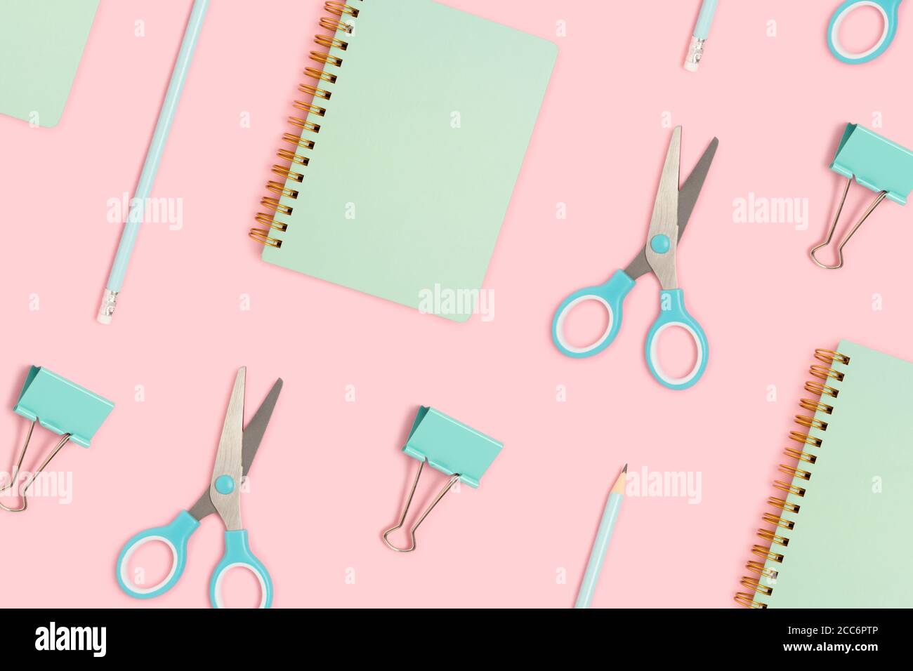 Cute school equipment pattern on a pink background. Office supplies layout  Stock Photo - Alamy