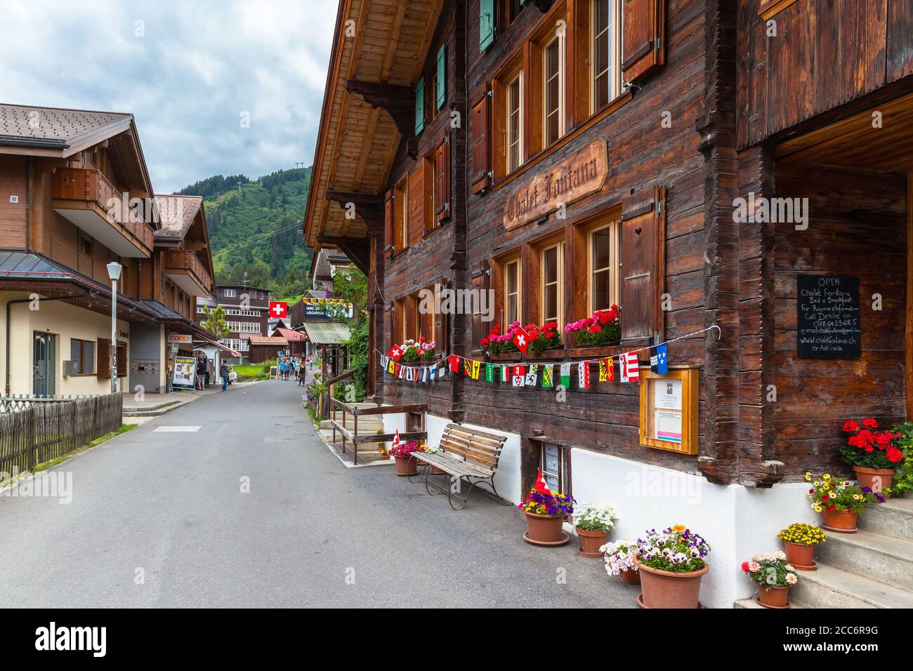 Murren, Switzerland - July 30, 2016 - View of the small village Murren near Interlaken, a famous touristic place  on Bernese Oberland, Switzerland Stock Photo