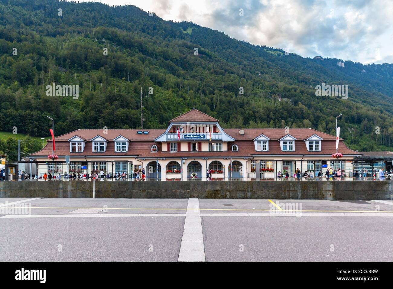 Interlaken, Switzerland - July 30, 2016 - Train station and the square of Interlaken Ost (east), the main transport gateway to the mountains and lakes Stock Photo