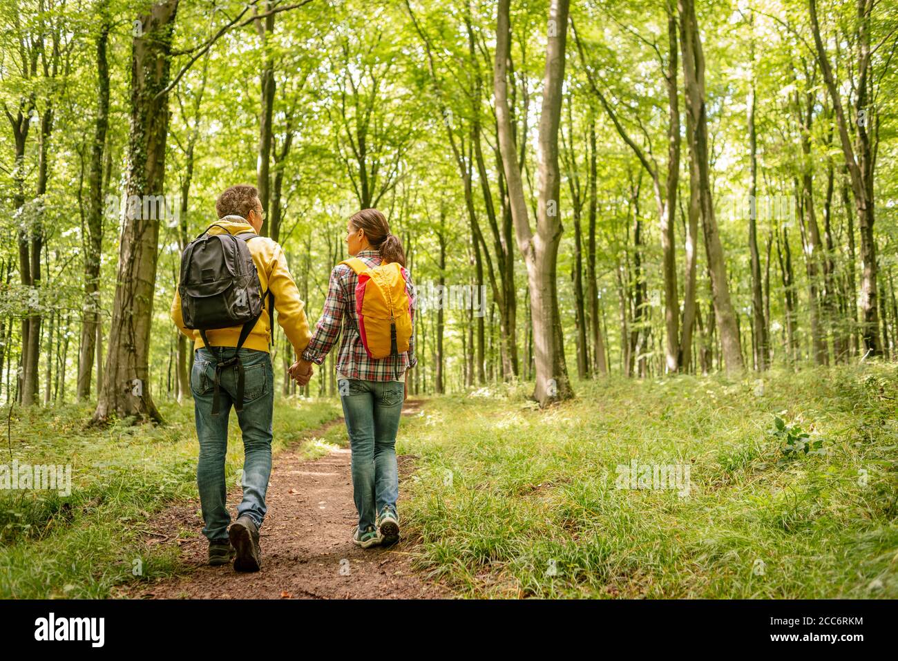 male and female backpackers walking through a forest holding hands Stock Photo