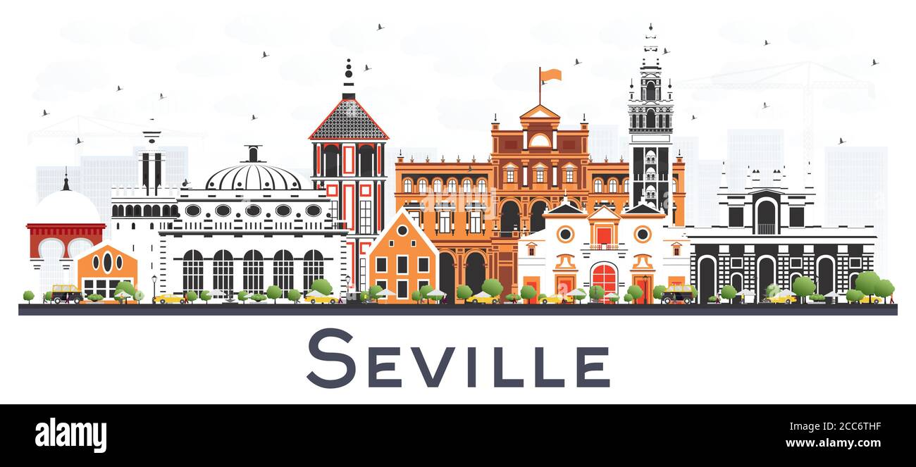 Seville Spain City Skyline with Color Buildings Isolated on White. Vector Illustration. Tourism Concept with Historic and Modern Architecture. Stock Vector