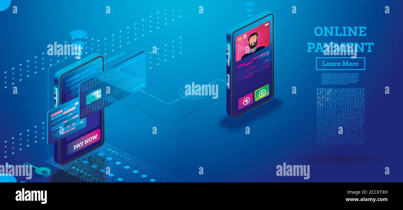 Online Payment with Mobile Phone Isometric Concept. Online shopping. Vector Illustration. Internet Banking. Modern Design Concept. Transferring Money Stock Vector