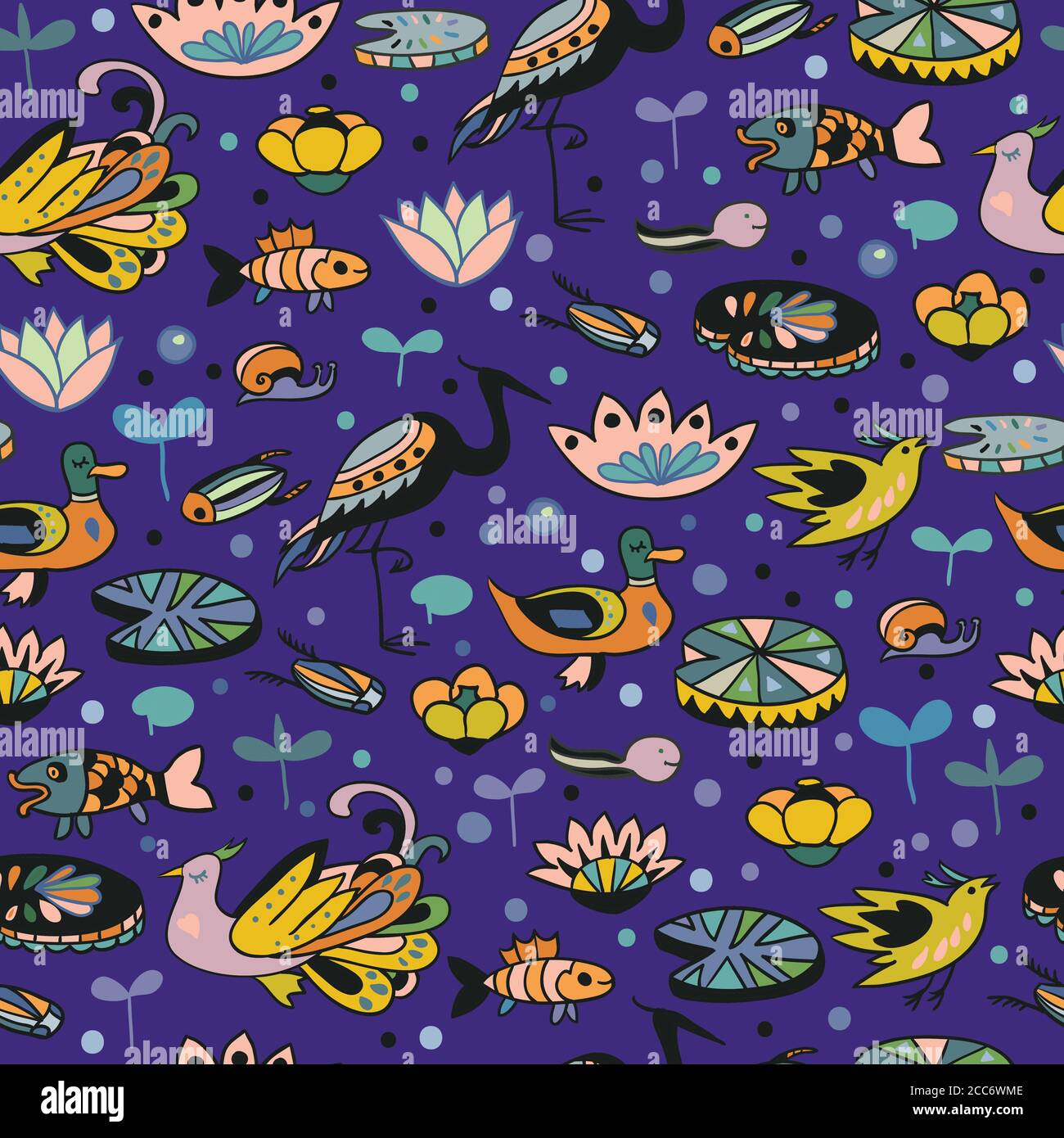 Seamless pattern with cute birds and underwater animals. Children doodle cartoon texture. Stock Vector