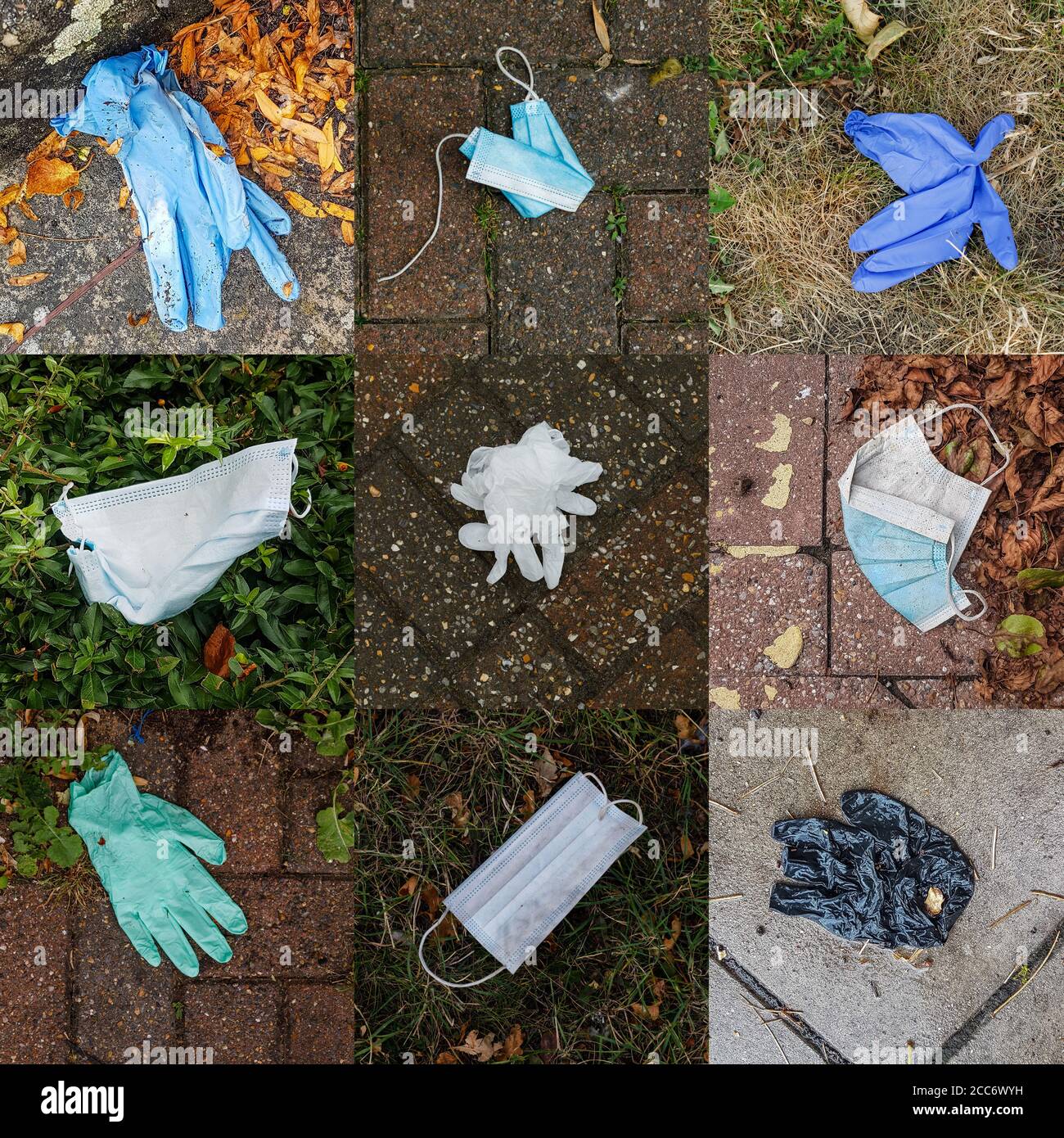 3x3 Montage of discarded single use protective PPE face masks and gloves. During the lockdown period, there has been a huge increase of littering as u Stock Photo