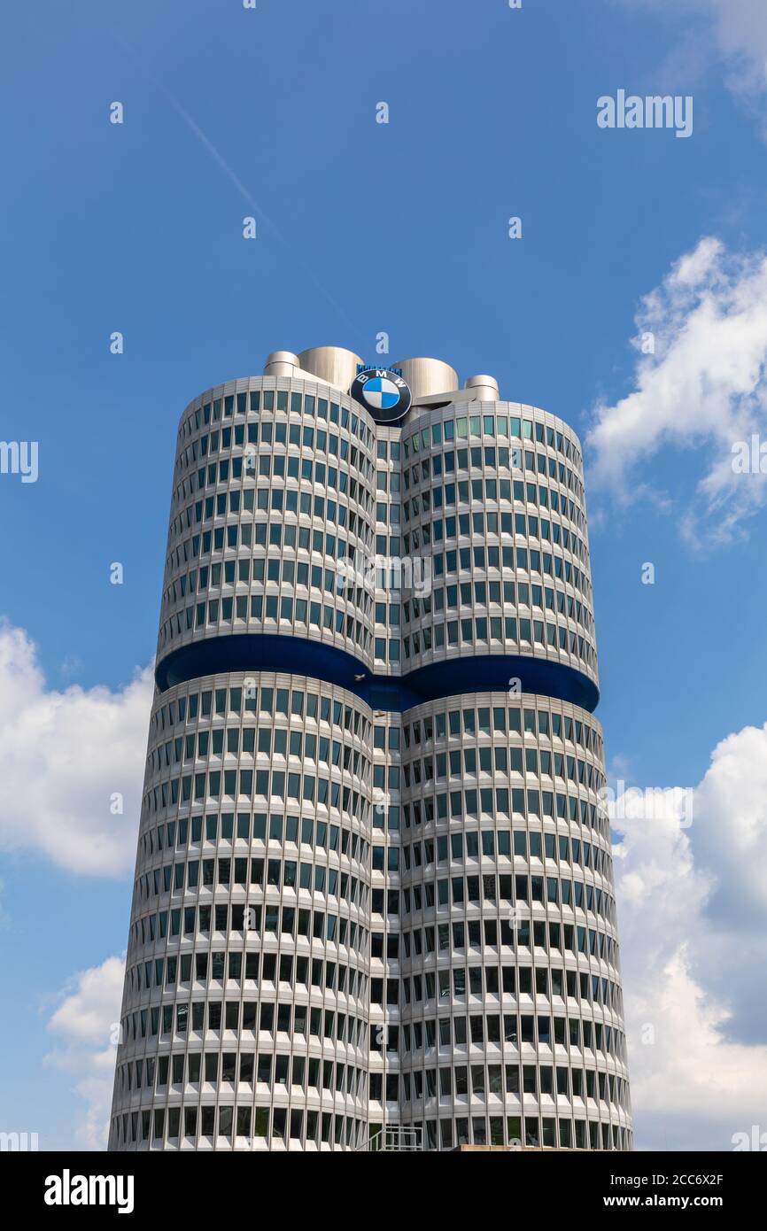 Munich, Germany - June 9, 2018 - Close view of the office building of BMW (Bayerische Motoren Werke),  a famous automobile and motorcycle manufacturer Stock Photo