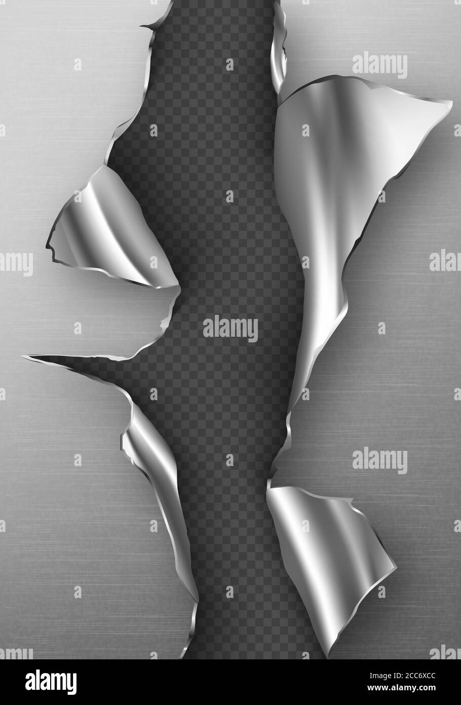 Metal rip hole with curly edges, ragged vertical crack, cut damage on steel sheet. Torn slash, gun aperture design element isolated on transparent background Realistic 3d vector illustration, clip art Stock Vector