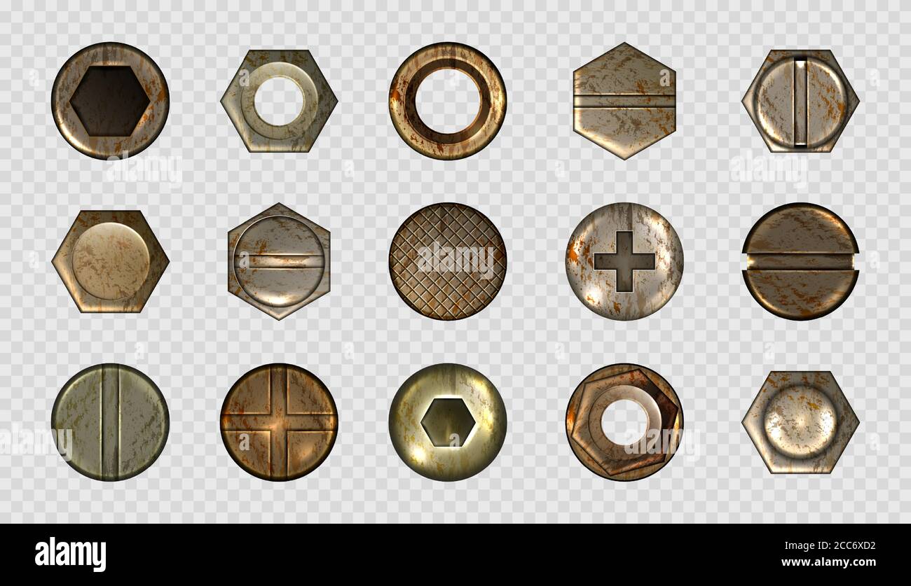 Old screw and nail heads, steel metal bolts, rusty rivets hardware. Round and hexagon copper or brass caps top view isolated on transparent background. Realistic 3d vector illustration, icons set Stock Vector