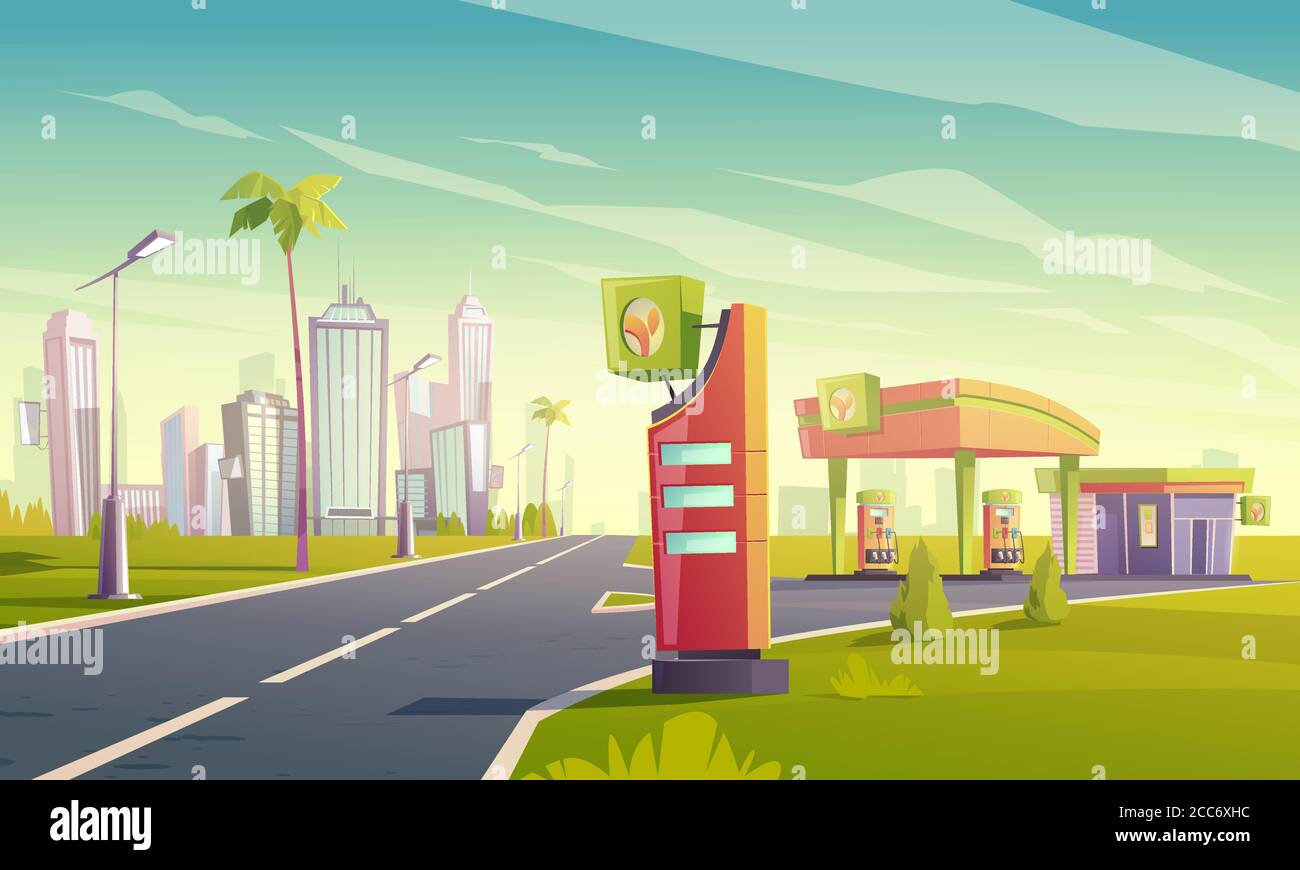 Gas station with oil pump, market and prices display on road to tropical town. Vector cartoon cityscape with empty fuel filling station for cars, palm trees and buildings on background Stock Vector