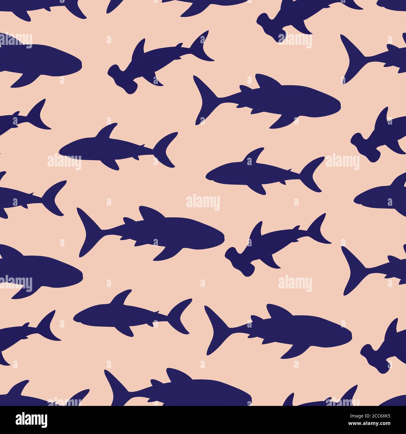 Seamless pattern with cute sharks silhouette. Vector illustration. Stock Vector