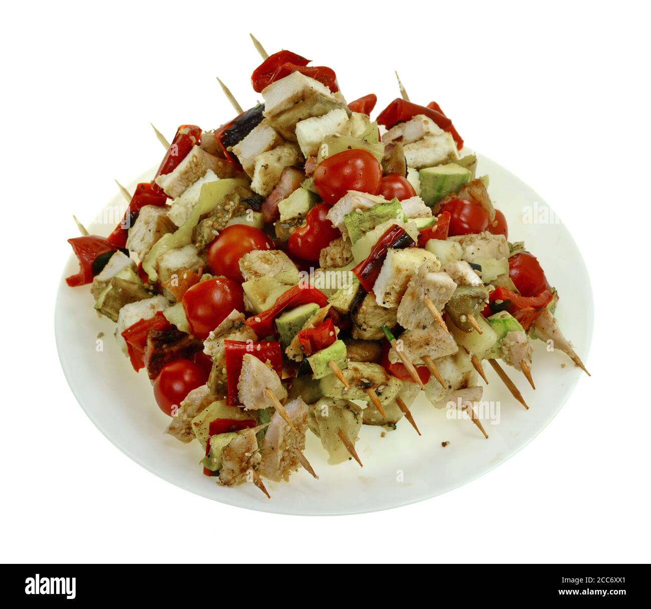 Chicken kebab with vegetable and cheese isolated on white background