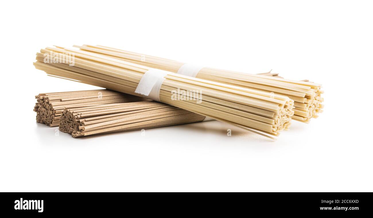 Uncooked soba and udon noodles. Traditional Japanese noodles isolated