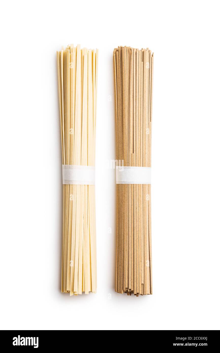 Uncooked soba and udon noodles. Traditional Japanese noodles isolated