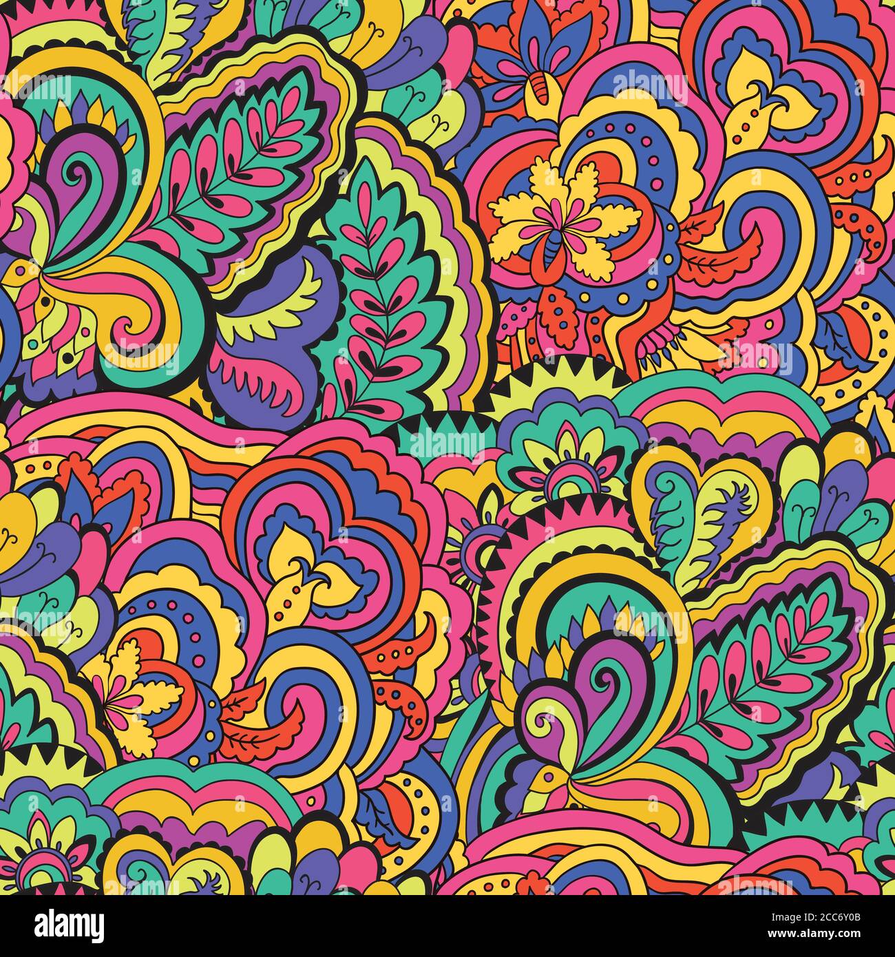 Bright psychedelic pattern with colorful curly doodle motifs. Stock Vector