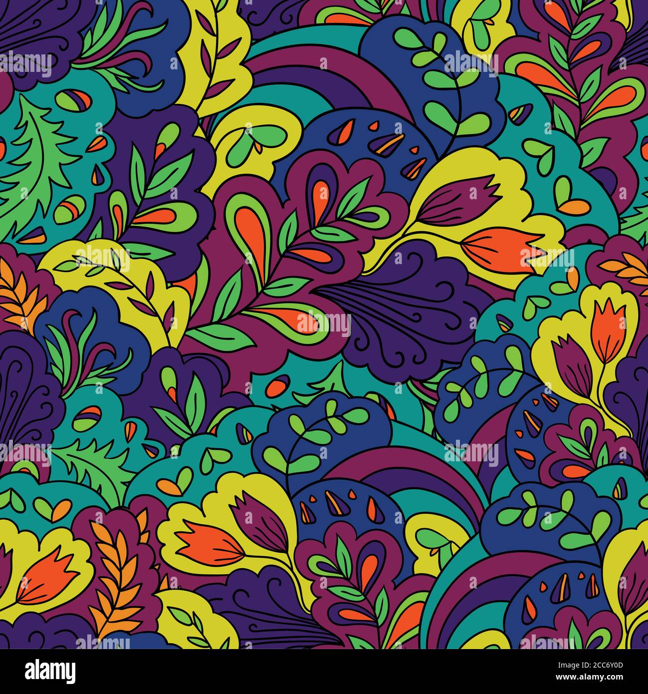Seamless pattern with vintage plants elements. Psychedelic background with floral ornament.  Stock Vector