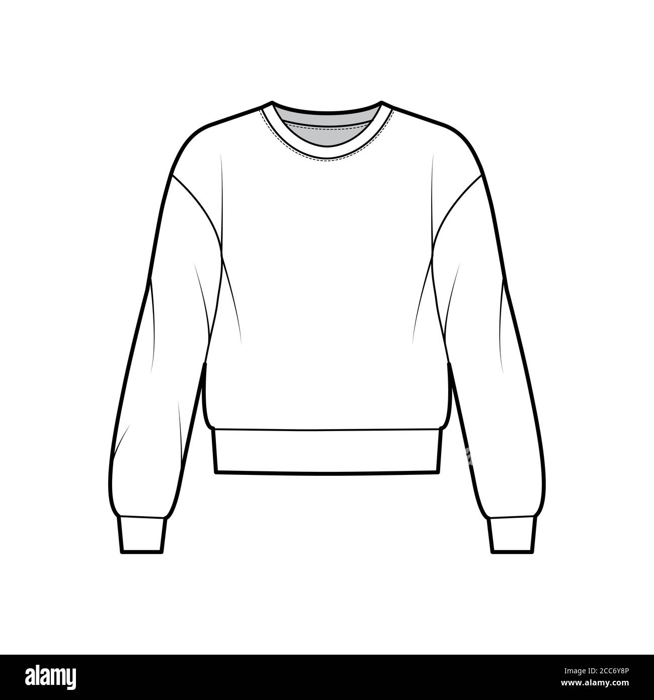 Cotton-terry sweatshirt technical fashion illustration with relaxed fit,  crew neckline, long sleeves. Flat outwear jumper apparel template front,  white color. Women, men, unisex top CAD mockup Stock Vector Image & Art -