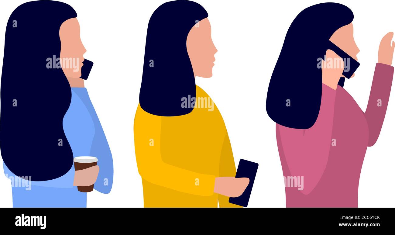 Woman with a phone in her hand, talking on the phone. Set of vector illustrations on the theme of mobile communications, flat design Stock Vector