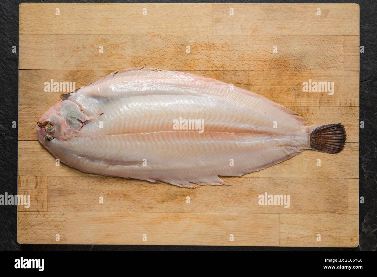 A Dover sole, Solea solea, that has been skinned prior to cooking