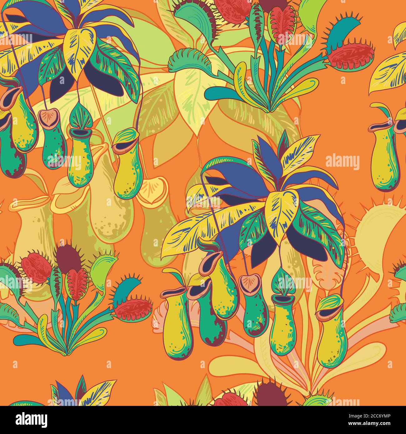 Seamless pattern with carnivores plants. Vector illustration. Stock Vector