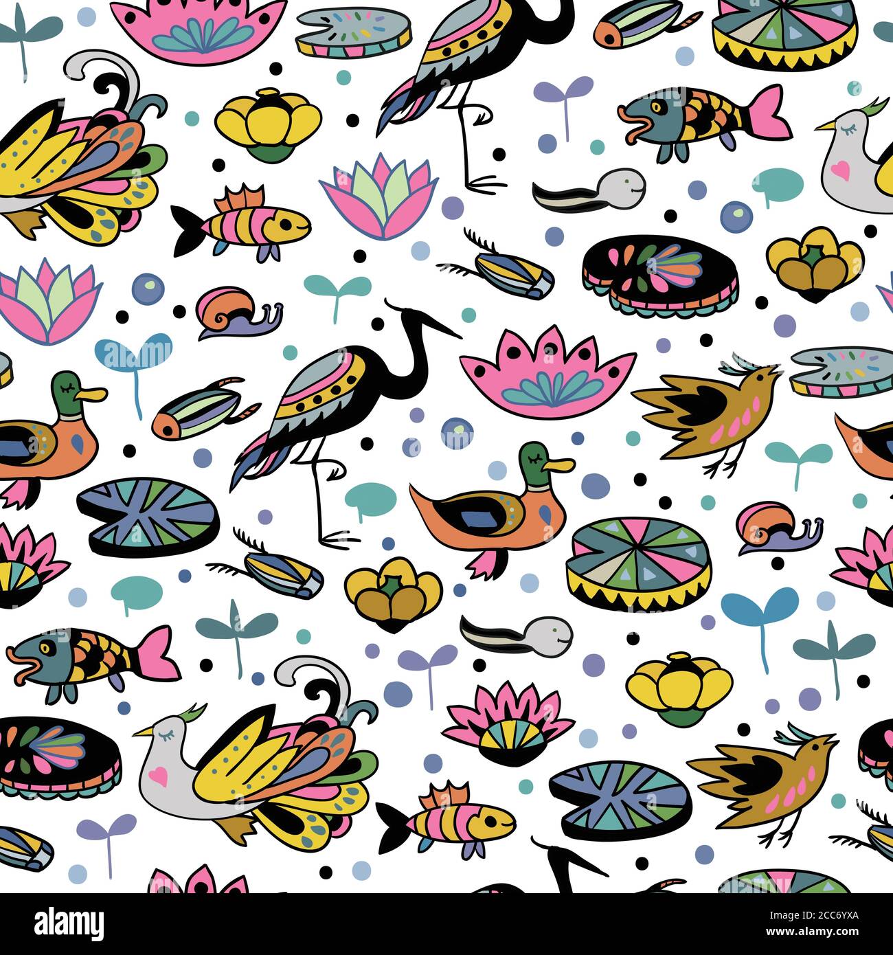 Seamless pattern with cute birds and underwater animals. Children doodle cartoon texture. Stock Vector
