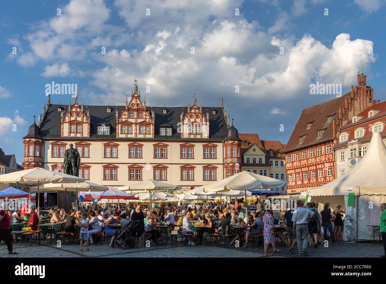 Coburg, Germany - August 31, 2019 -  Beer festival on the Marktplatz (market square) in the center of old town of Coburg in Bavaria, Germany Stock Photo