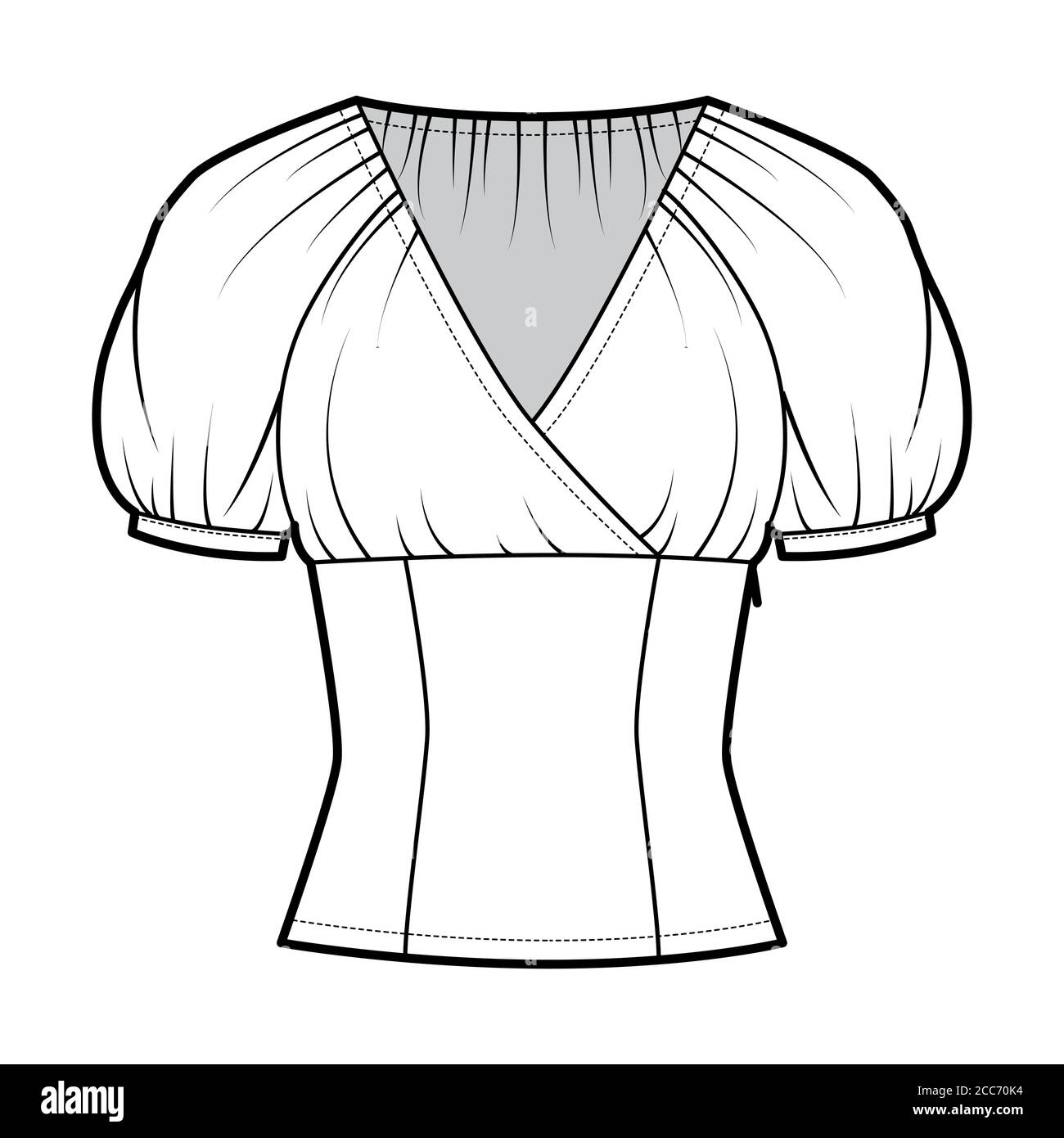 Fitted top technical fashion illustration with surplice neck, elasticated puffed short sleeves, side zip fastening. Flat apparel blouse template front, white color. Women men unisex shirt CAD mockup Stock Vector
