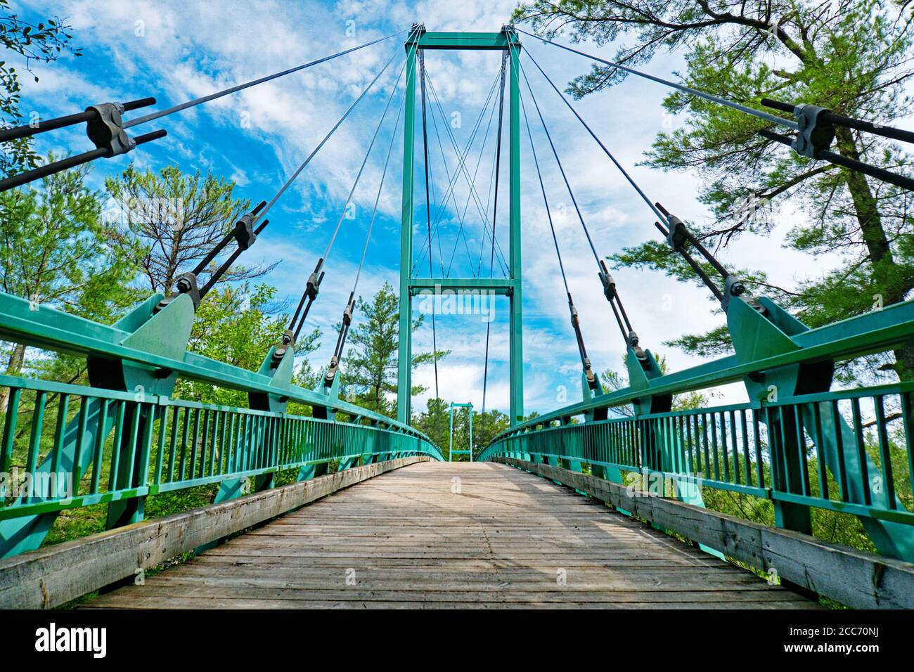 French River Provincial Park snowmobile suspension bridge is the longest bridge of its kind in the world Stock Photo