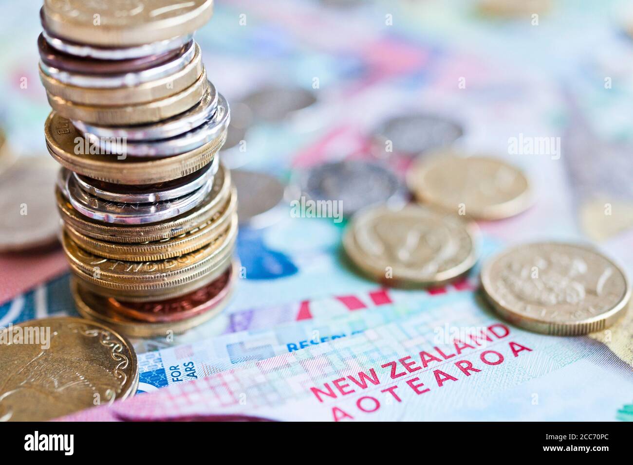 New Zealand cash, money or currency. Notes and coins Stock Photo