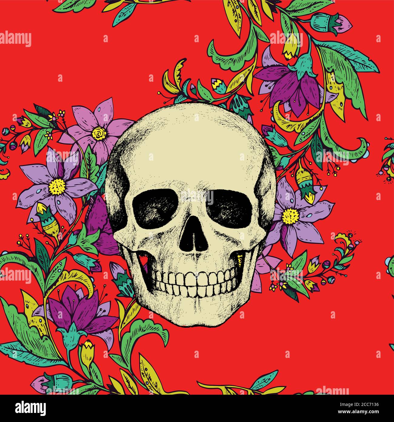 Seamless pattern with flowers and skull on green background. Stock Vector