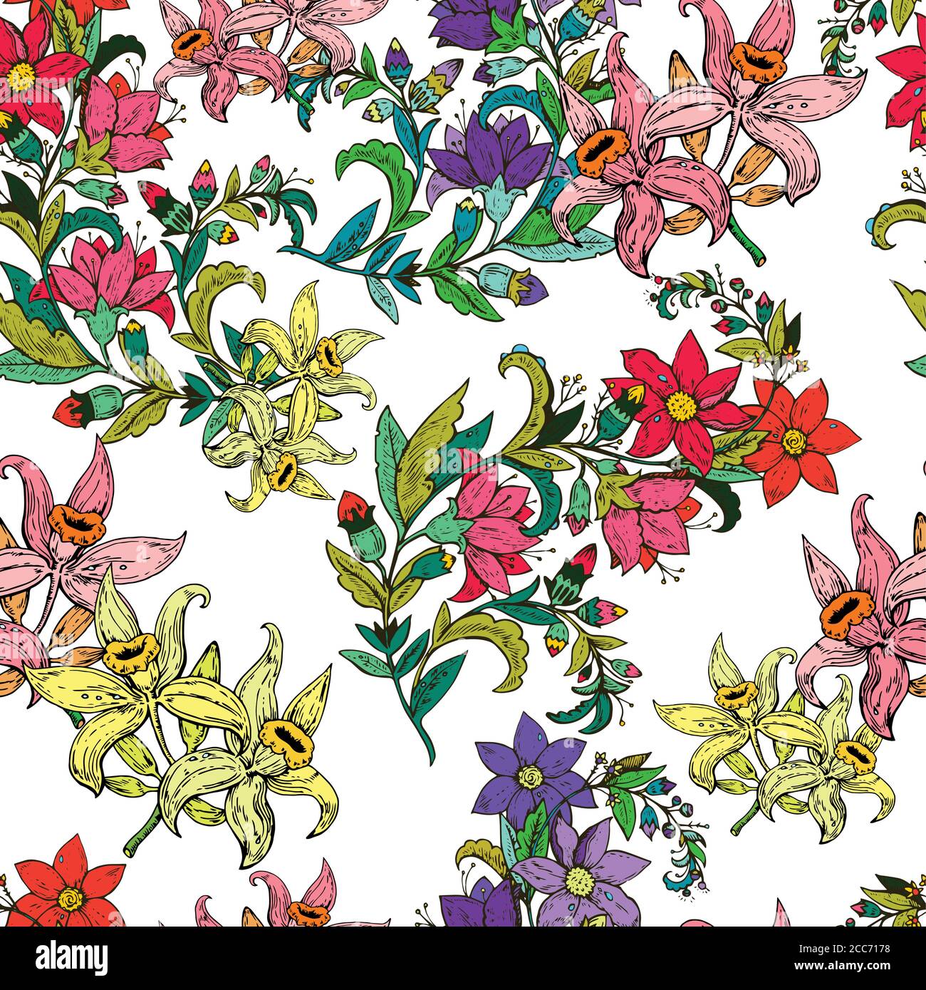 Seamless pattern with vintage hand drawn flowers. Vector illustration ...