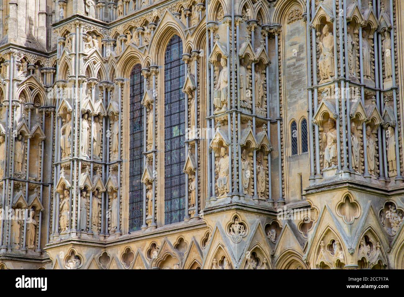 Facade statues on the West front of Wells Cathedral, Wells, Somerset Stock Photo