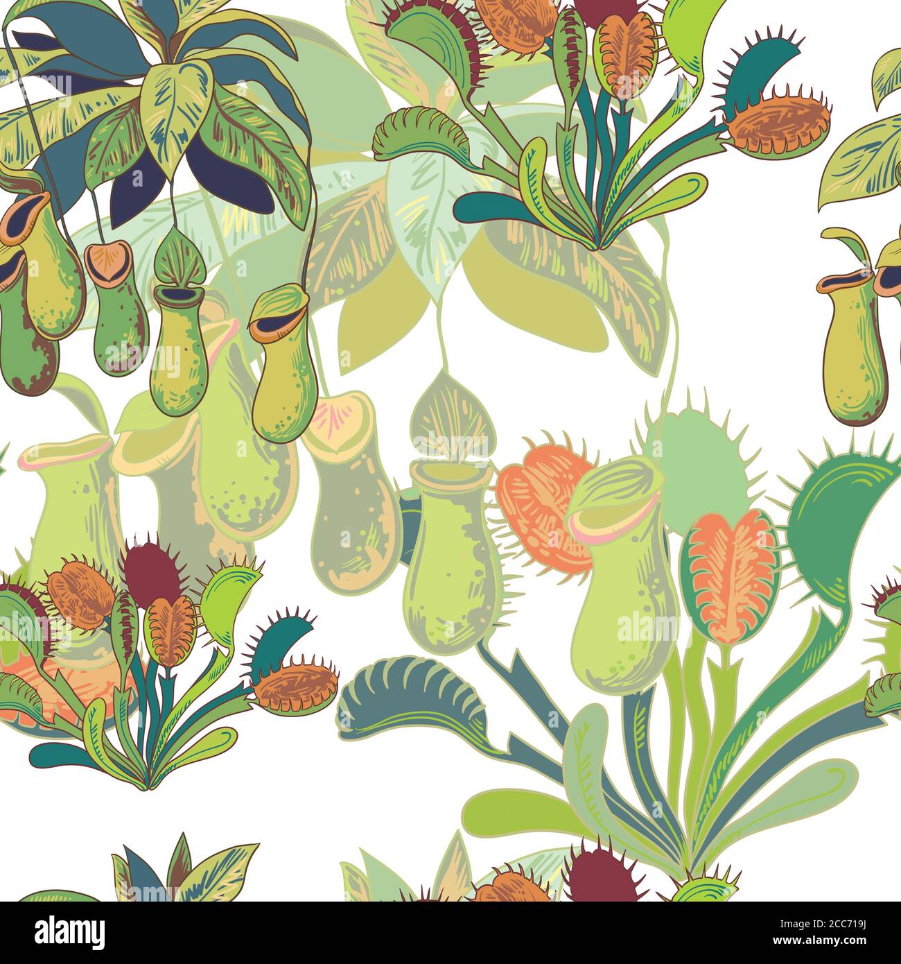 Seamless pattern with carnivores plants. Vector illustration. Stock Vector