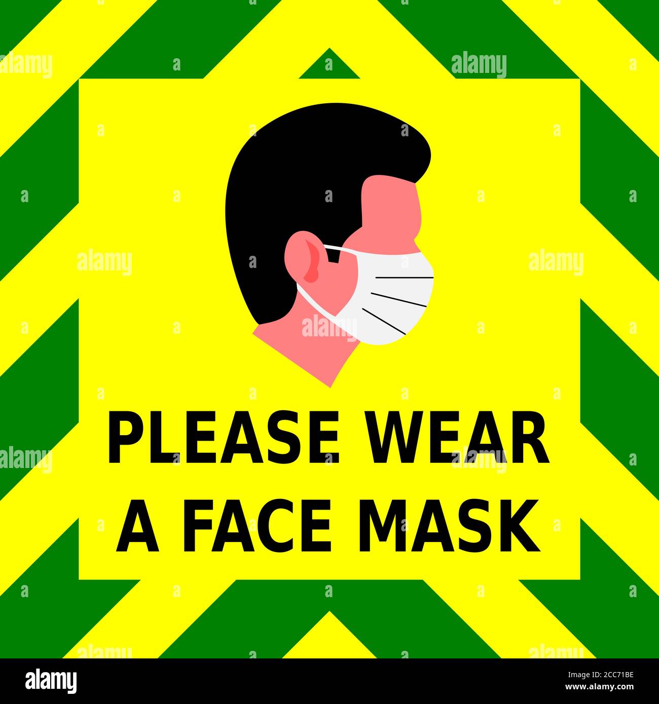 Vector graphic sign of green and yellow chevrons with a man wearing a face mask and the request to please wear a mask before entering. Stock Vector