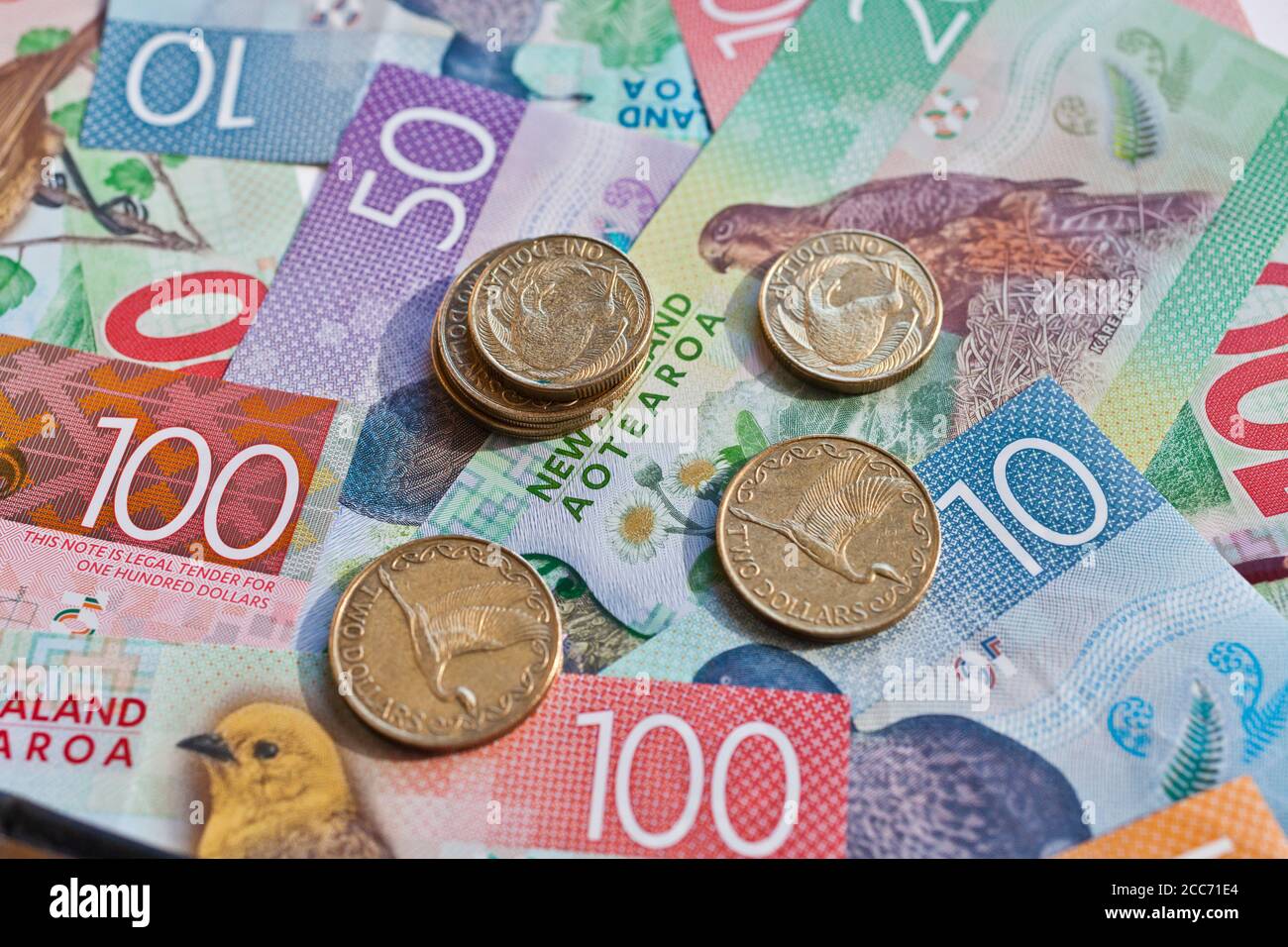 New Zealand cash, money or currency. Notes and coins Stock Photo
