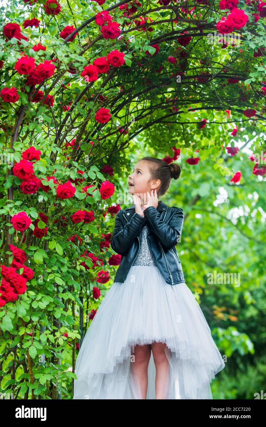 Trendy girl fancy dress and leather jacket in roses garden tender emotion concept Stock Photo Alamy