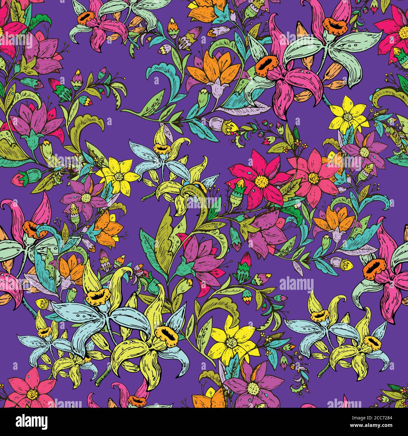 Seamless pattern with vintage hand drawn flowers. Vector illustration ...