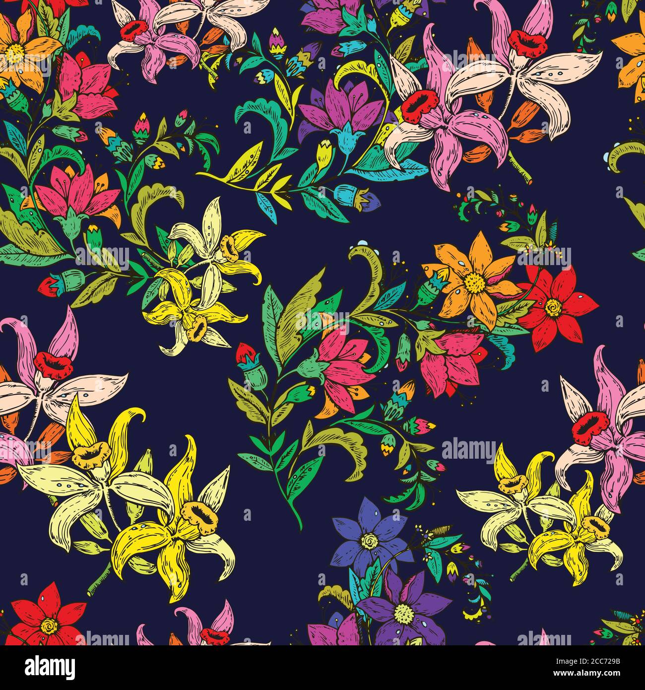 Seamless pattern with vintage hand drawn flowers. Vector illustration ...