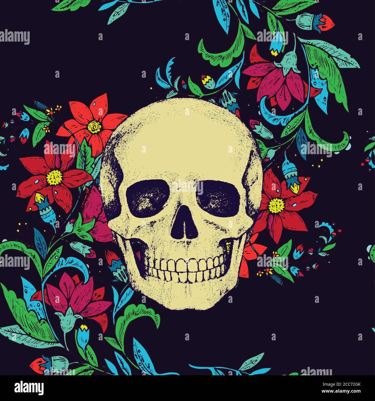 Seamless pattern with flowers and skull on green background. Stock Vector