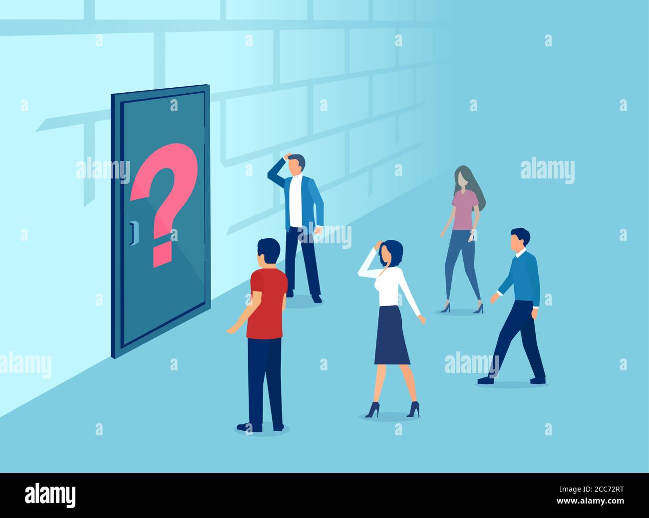Vector of confused people standing in front of a closed door with question mark sign Stock Vector