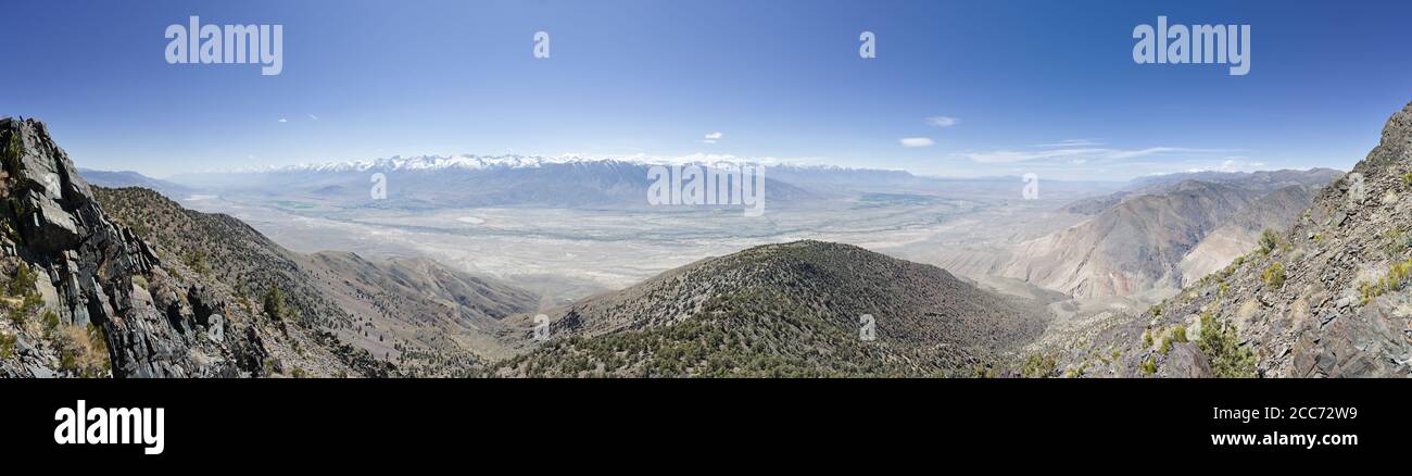 panorama from Black Mountain looking across the Owens Valley to the Palisades in the Sierra Nevada Mountains Stock Photo