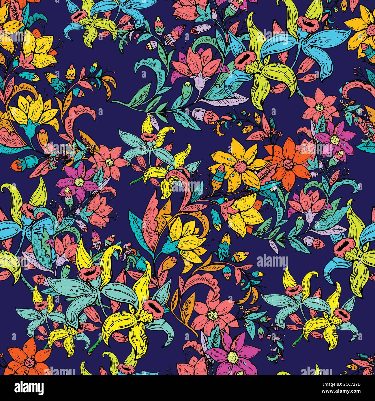 Seamless pattern with vintage hand drawn flowers. Vector illustration ...