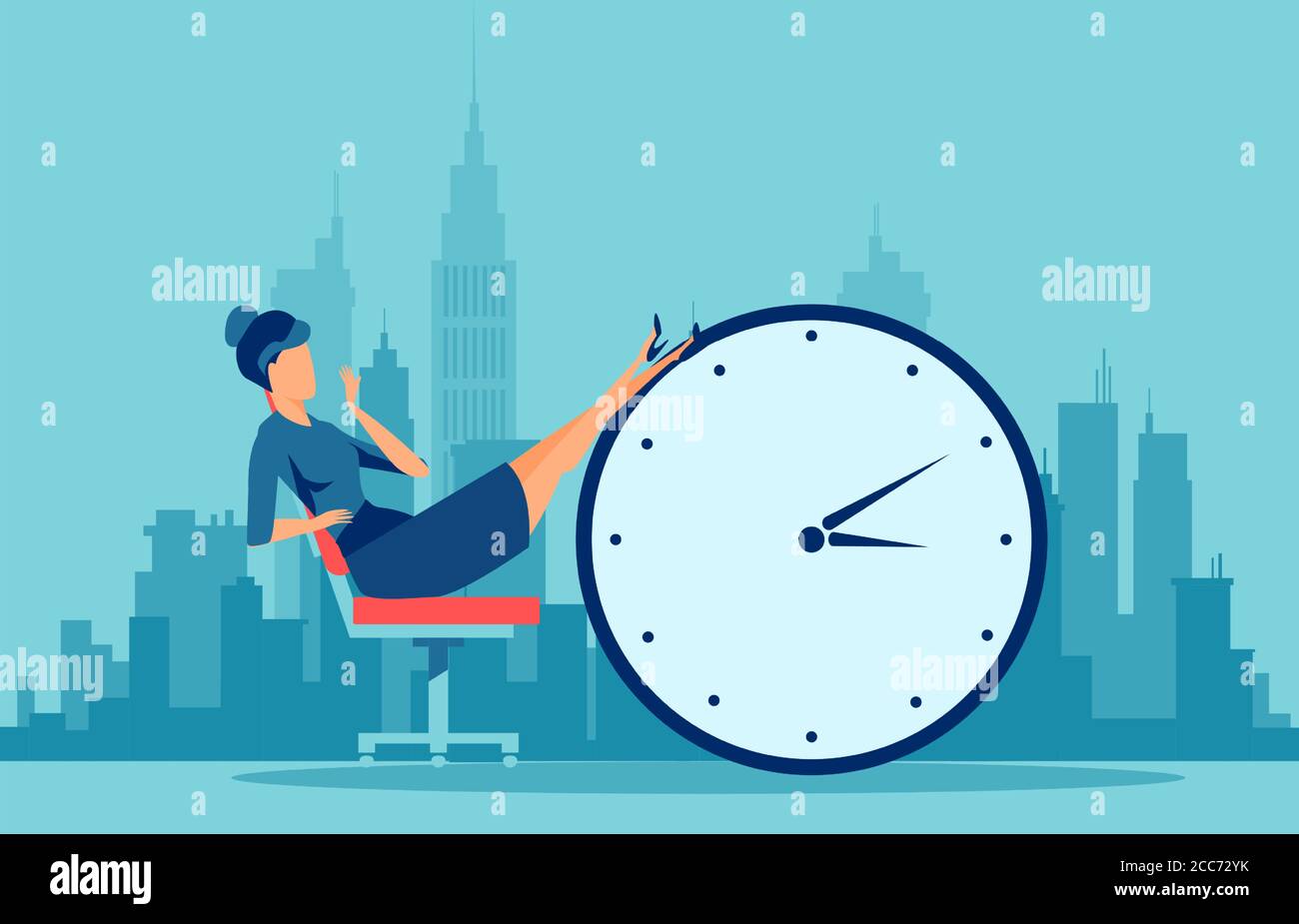 Vector of a young procrastinating business woman sitting in the office with her legs up on an alarm clock on a cityscape background Stock Vector
