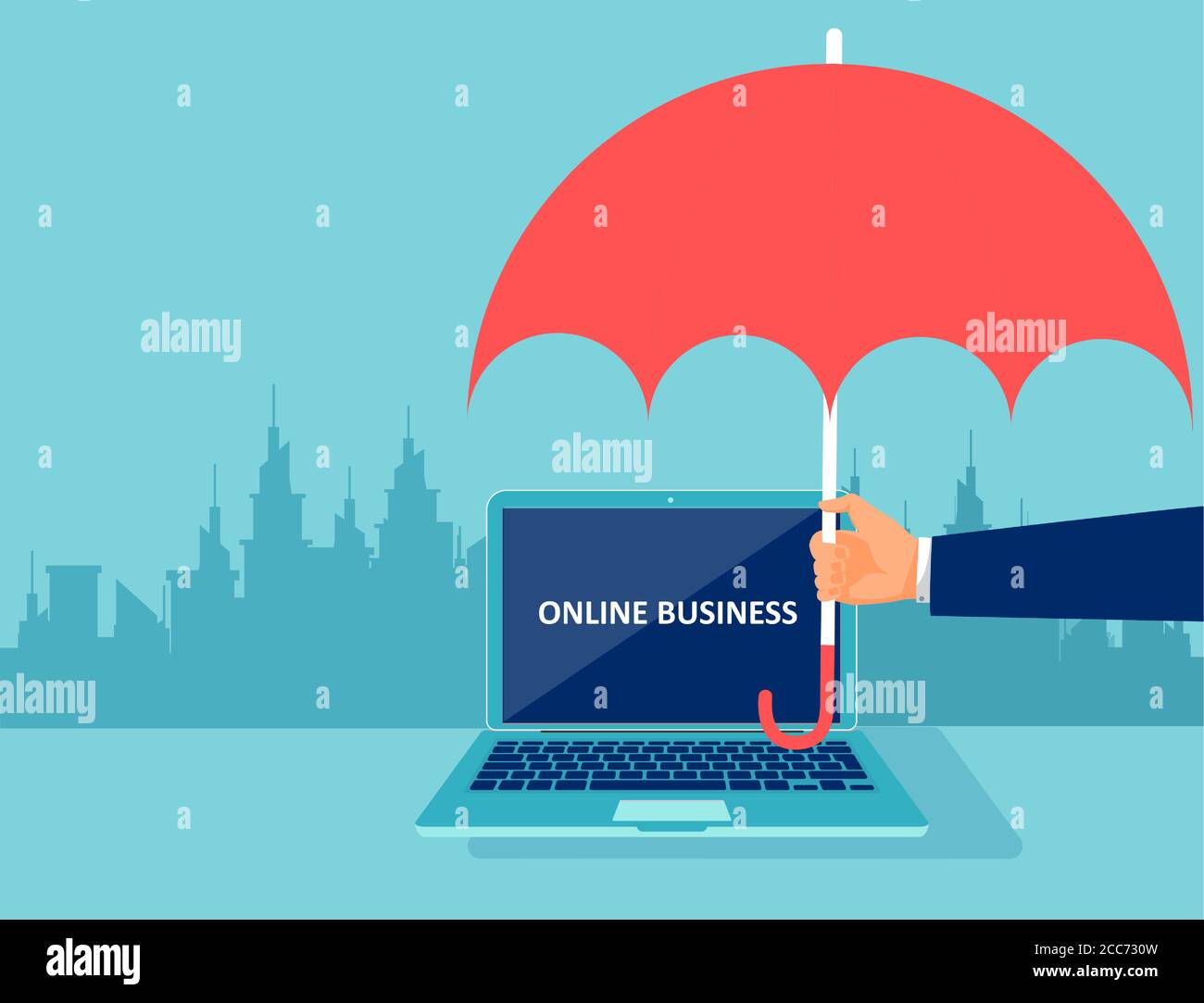 Vector of a businessman hand with umbrella protecting online business ...