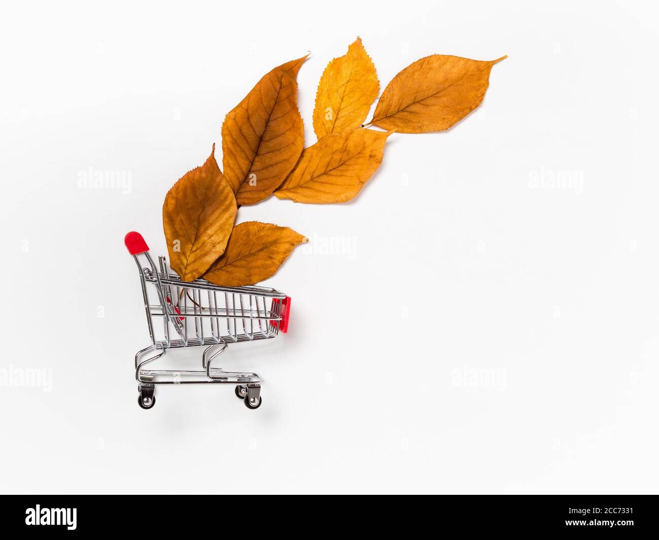 Autumn sale: red shopping cart with yellow fall leaves on white background. Seasonal sale or fall discount deal with copy space for your text Stock Photo