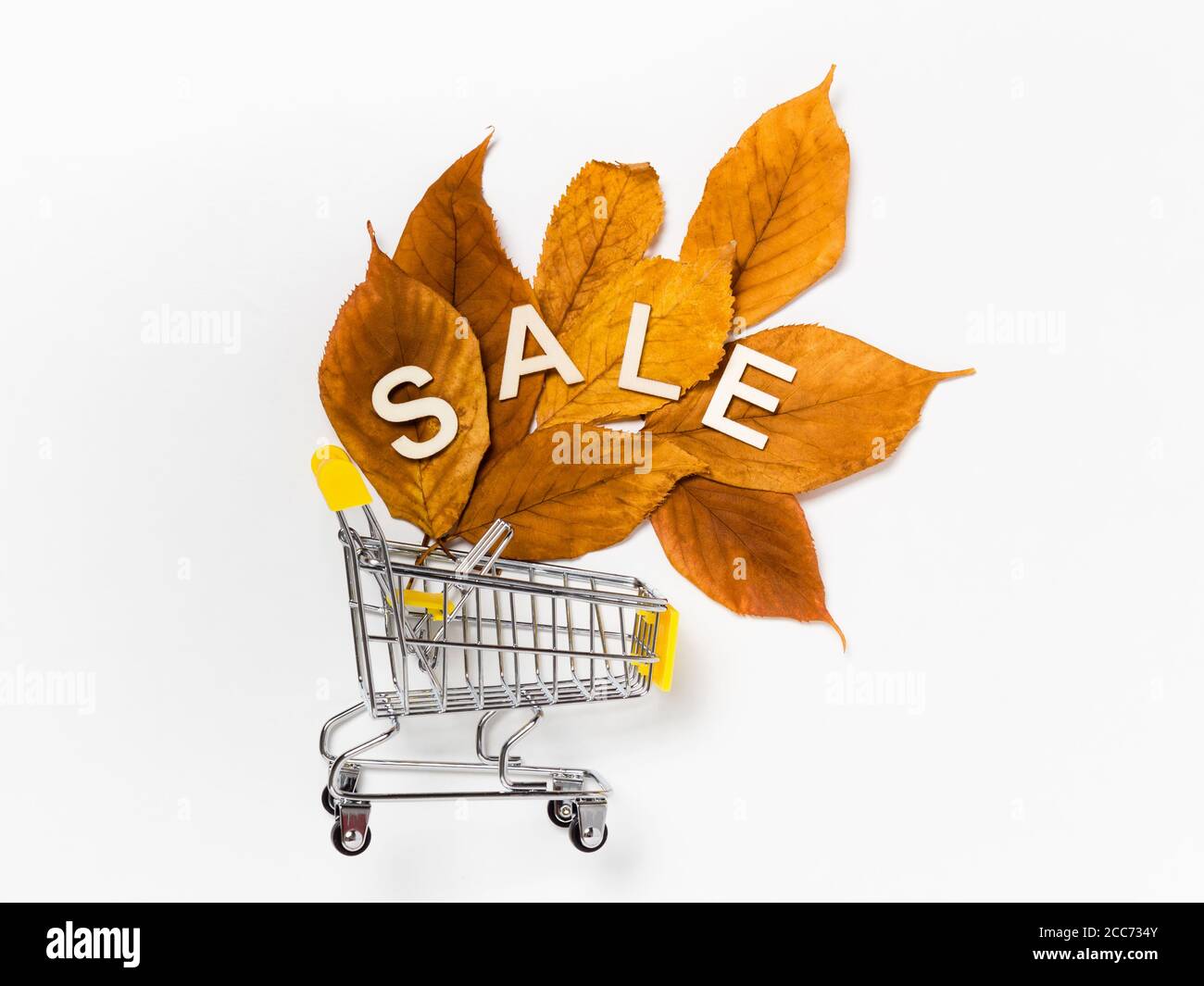 Autumn sale: shopping cart with word sale in wooden letters on pile of yellow fall leaves on white background. Seasonal sale or fall discount deal wit Stock Photo