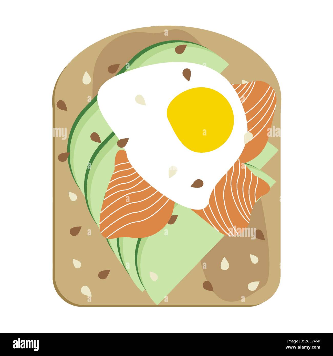 Avocado toast with poached egg and salmon vector illustration isolated. Avocado and smoked lox slices on bread, vegan sandwich with sesame seeds Stock Vector