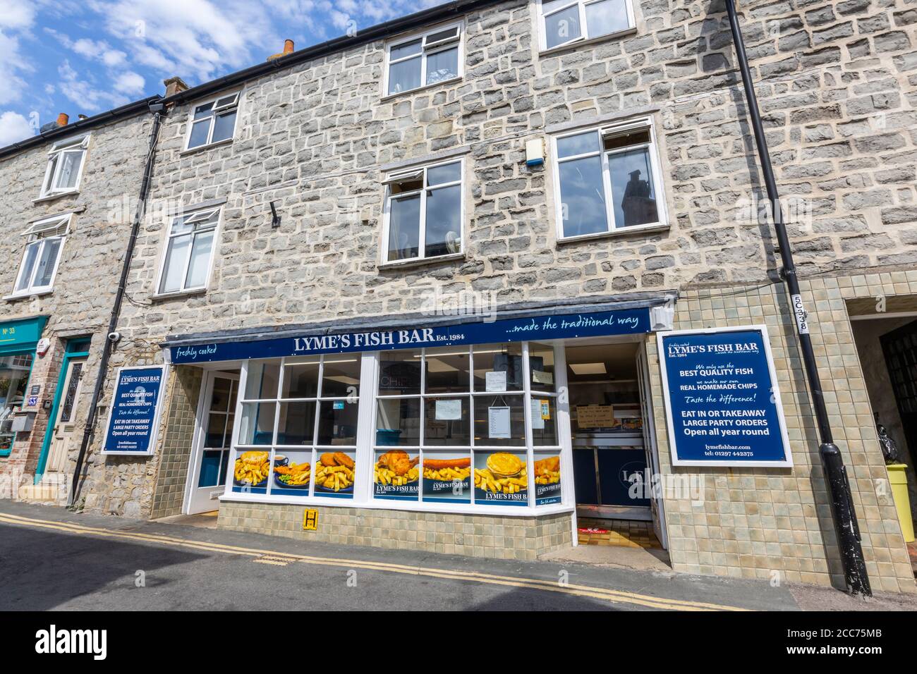 Front of Lyme's Fish Bar, a fish & chip shop in Lyme Regis, a popular